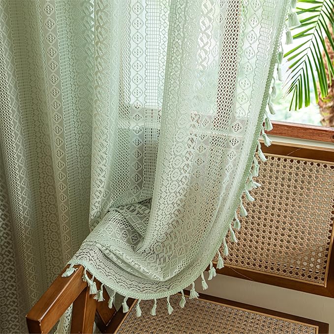 Sutuo Home Mint Green Boho Curtains for Bedroom Living Room, Crochet Lace Bohemian Hollow Knitted Handmade Tassels Window Treatment Vintage Rustic Rod Pocket Farmhouse Drapes, 1 Panel 59" W x 84" L