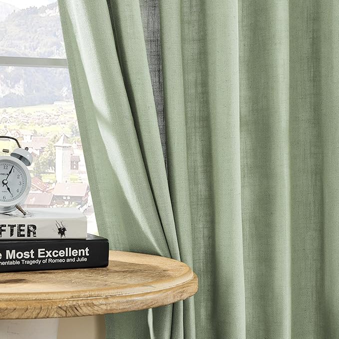 Joydeco Linen Curtains for Living Room,Light Filtering Rod Pocket Back Tab Semi Sheer Drapes Window Long Curtains 63 inches Long Sage Green