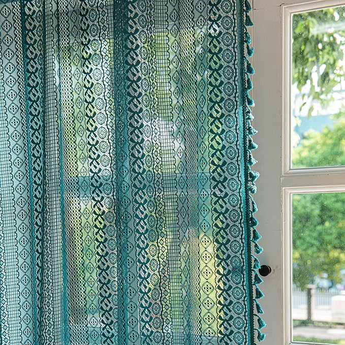 Sutuo Home Turquoise Boho Curtains 90 inches Long for Bedroom Living Room Dining Room, Crochet Lace Sheer Bohemian Hollow with Tassels, Country Window Treatment Drapes, 1 Panel 59" W x 90" L