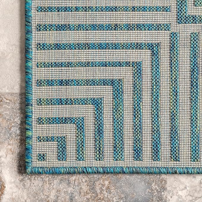 nuLOOM 4' x 6' Outdoor Area Rug, Casual Design With Striped Border, Stain Resistant, Highly Durable, For Patio, Balcony, Bedroom, Living Room, Dining Room, Bathroom, Teal