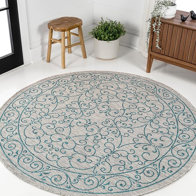 JONATHAN Y Vintage Filigree Indoor Outdoor Round Area Rug 9 Ft Gray/Teal, Charleston Textured Weave for Backyard, Patio, Porch, Easy-Cleaning, High Traffic, Pet-Friendly, Non-Shedding (SMB106E-9R)