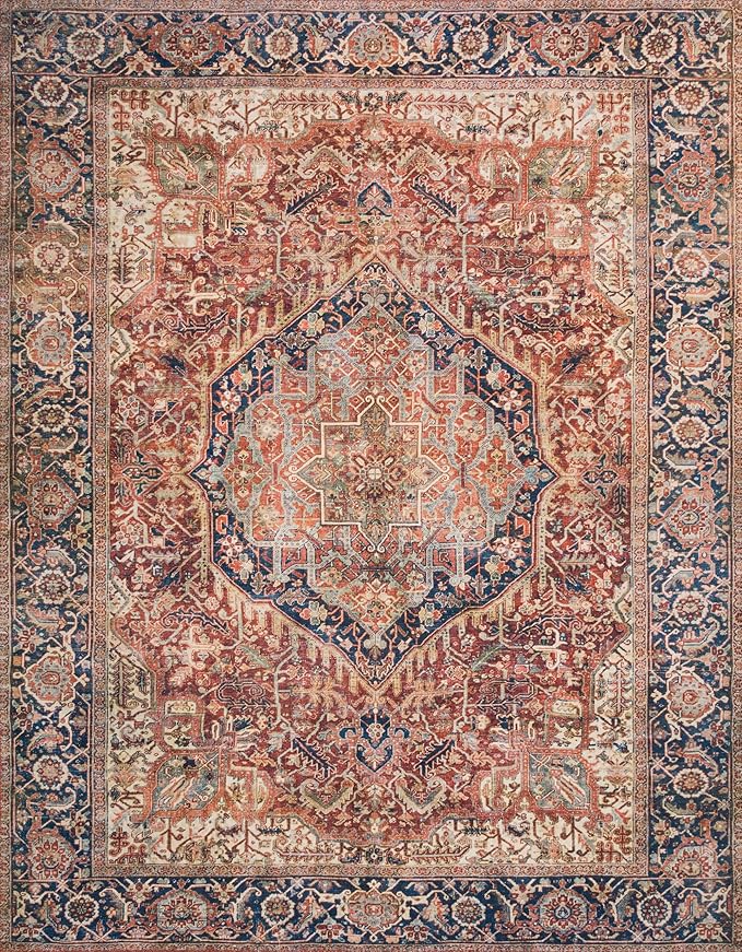Loloi Layla Collection LAY-08 Red/Navy 9'-0" x 12'-0" .13" Thick Area Rug, Soft, Durable, Vintage Inspired, Distressed, Low Pile, Non-Shedding, Easy Clean, Printed, Living Room Rug