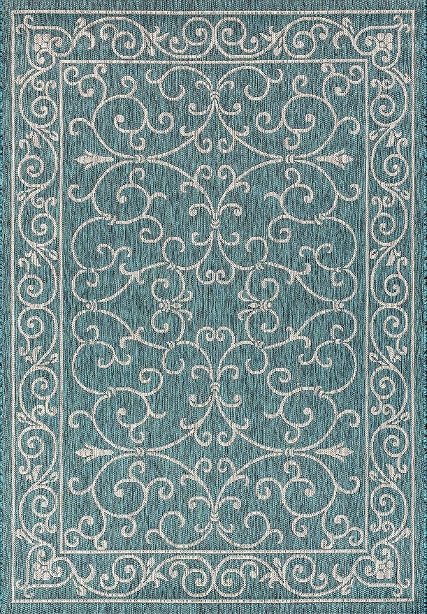 JONATHAN Y Vintage Filigree Indoor Outdoor Area Rug 3X5 Teal/Gray, Charleston Textured Weave for Backyard, Patio, Porch, Easy-Cleaning, High Traffic, Pet-Friendly, Non-Shedding (SMB106F-3)