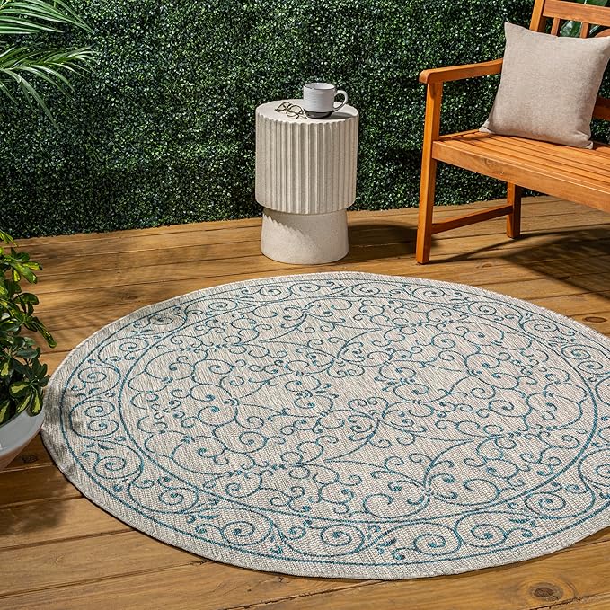 JONATHAN Y Vintage Filigree Indoor Outdoor Round Area Rug 9 Ft Gray/Teal, Charleston Textured Weave for Backyard, Patio, Porch, Easy-Cleaning, High Traffic, Pet-Friendly, Non-Shedding (SMB106E-9R)
