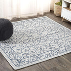 JONATHAN Y Vintage Filigree Indoor Outdoor Square Area Rug 6X6 Gray/Navy, Charleston Textured Weave for Backyard, Patio, Porch, Easy-Cleaning, High Traffic, Pet-Friendly, Non-Shedding (SMB106C-6SQ)