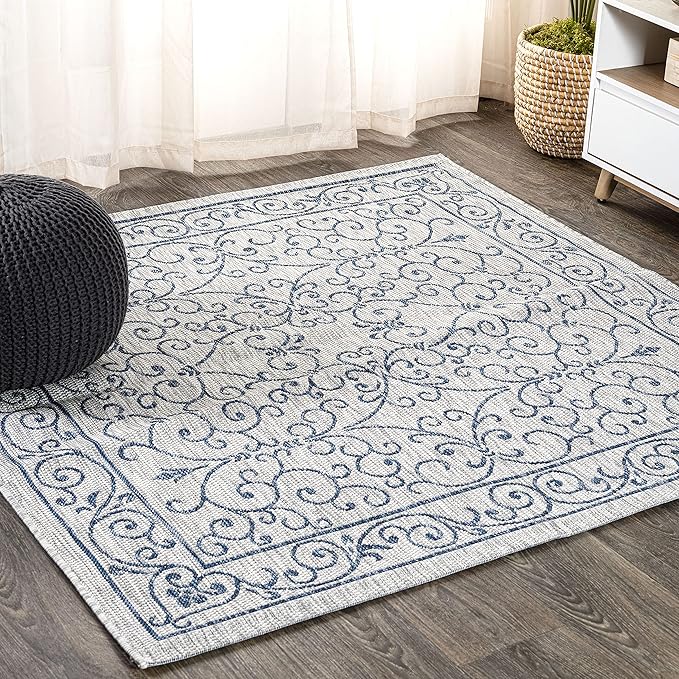 JONATHAN Y Vintage Filigree Indoor Outdoor Square Area Rug 4X4 Gray/Navy, Charleston Textured Weave for Backyard, Patio, Porch, Easy-Cleaning, High Traffic, Pet-Friendly, Non-Shedding (SMB106C-4SQ)