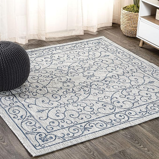JONATHAN Y Vintage Filigree Indoor Outdoor Square Area Rug 8X8 Gray/Navy, Charleston Textured Weave for Backyard, Patio, Porch, Easy-Cleaning, High Traffic, Pet-Friendly, Non-Shedding (SMB106C-8SQ)