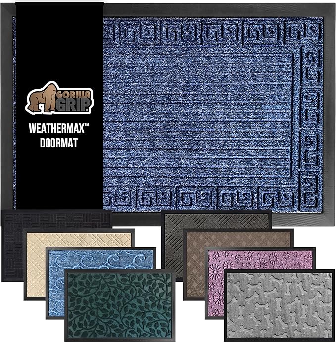 GORILLA GRIP 100% Waterproof All-Season WeatherMax Doormat 35x23, US Designed Natural Rubber, Stain and Fade Resistant, Low Profile Indoor Outdoor Door Mats, Easy Clean Patio Mat, Navy Greek Keys
