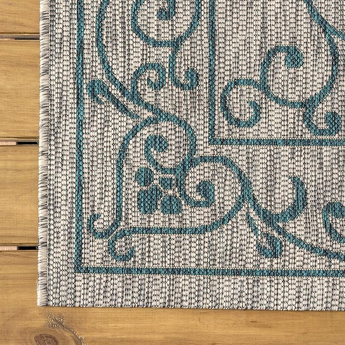JONATHAN Y Vintage Filigree Indoor Outdoor Square Area Rug 5X5 Gray/Teal, Charleston Textured Weave for Backyard, Patio, Porch, Easy-Cleaning, High Traffic, Pet-Friendly, Non-Shedding (SMB106E-5SQ)