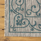 JONATHAN Y Vintage Filigree Indoor Outdoor Round Area Rug 5 Ft Gray/Teal, Charleston Textured Weave for Backyard, Patio, Porch, Easy-Cleaning, High Traffic, Pet-Friendly, Non-Shedding (SMB106E-5R)
