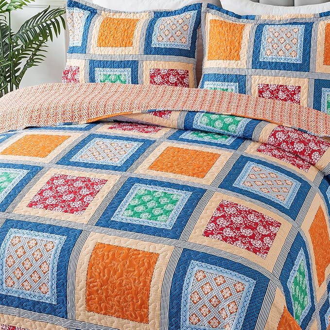 NEWLAKE Quilt Bedspread Sets - Bohemian Farmhouse Pattern Reversible Coverlet Set, Queen Size