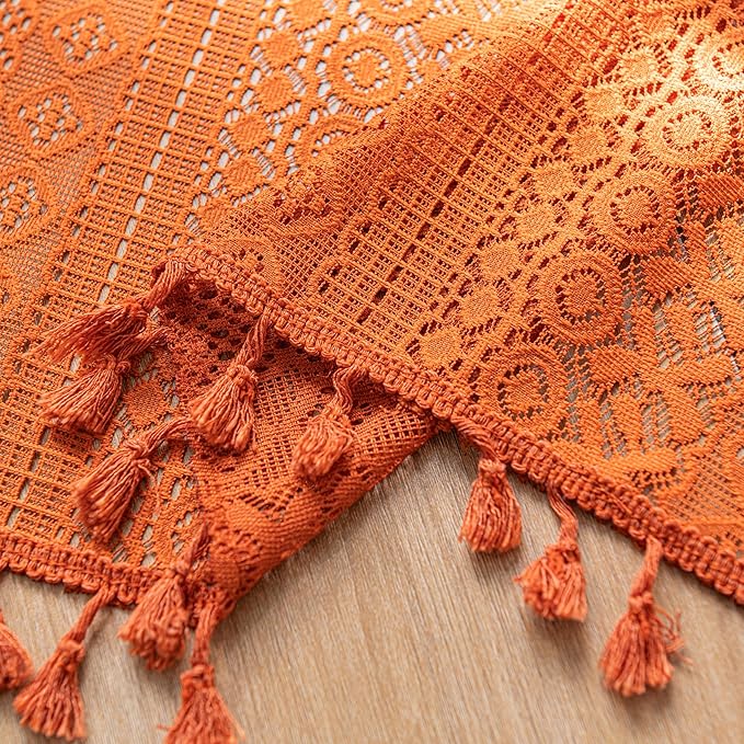 Sutuo Home Boho Valance Short Curtains for Kitchen Crochet Lace Sheer Bohemian Hollow Knitted with Tassels, Privacy Vintage Rustic Farmhouse Drapes, Rod Pocket 1 Panel 59" W x 18" L, Orange
