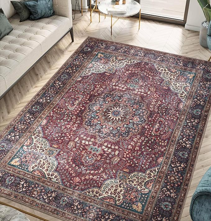 Keen Home Design 5x7 Rug - Machine Washable Area Rug with Non-Slip Backing, Ideal for Living Room, Dining Room, Bedroom - Vintage, Easy Clean, Durable, Low Pile Rug - (5' x 7')