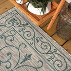 JONATHAN Y Vintage Filigree Indoor Outdoor Round Area Rug 5 Ft Gray/Teal, Charleston Textured Weave for Backyard, Patio, Porch, Easy-Cleaning, High Traffic, Pet-Friendly, Non-Shedding (SMB106E-5R)