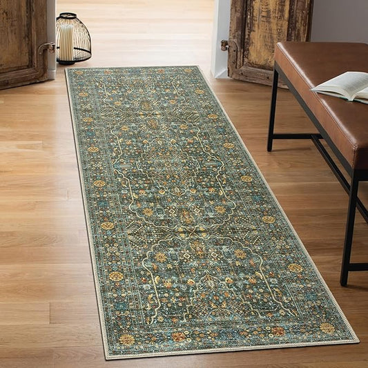 Keen Home Design 2x10 Rug - Machine Washable Runner Rug with Non-Slip Backing, Ideal for Hallway, Entryway, Kitchen, Laundry Room - Vintage, Easy Clean, Durable, Low Pile - (2'6" x 10')