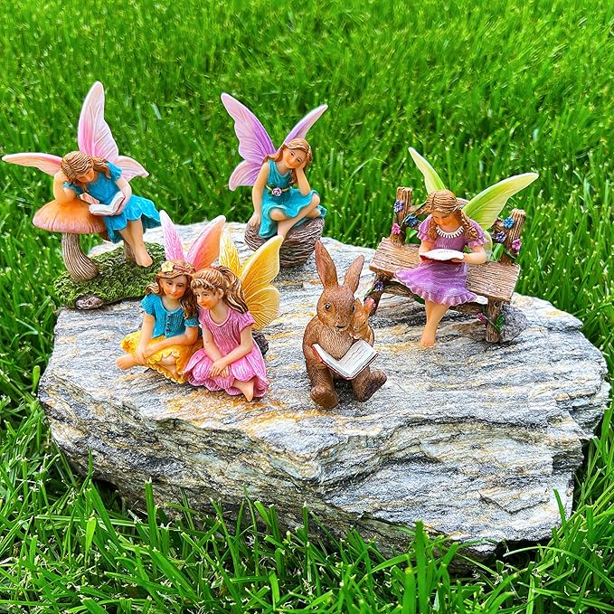 Mood Lab Fairy Garden - Miniature Reading Fairies Figurines Set - Statues & Accessories Decor Kit of 6 pcs