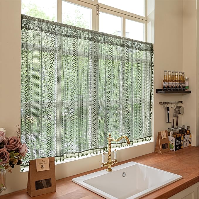 Sutuo Home Olive Green Boho Valance Curtains for Kitchen Cafe,Crochet Lace Sheer Bohemian Hollow with Handmade Tassels, Privacy Vintage Cottage Retro Farmhouse Tier, Rod Pocket 1 Panel 59" W x 36" L