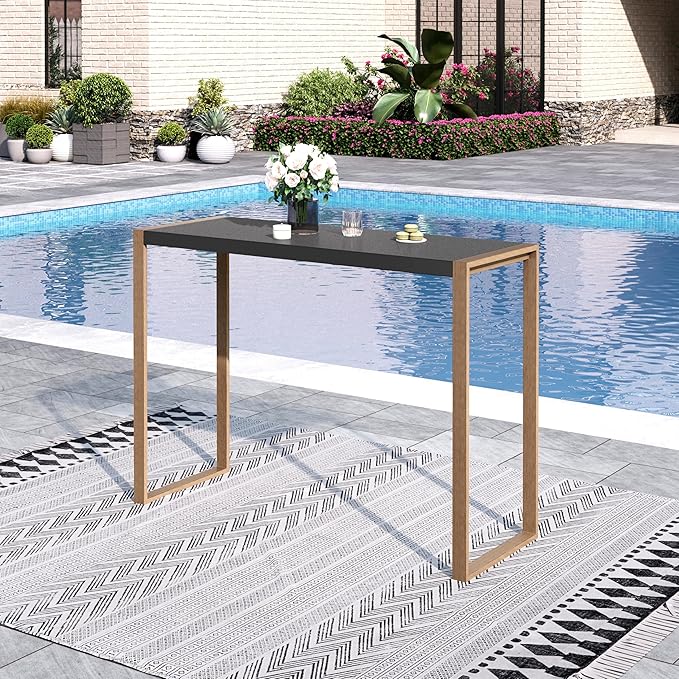 Sophia & William Bar Table,Bar Height Pub Table Counter Height Bar Table,Larimar Tabletop and Natural Woodgrain Legs,Black