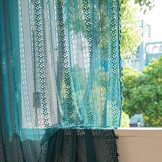 Sutuo Home Turquoise Boho Curtains 90 inches Long for Bedroom Living Room Dining Room, Crochet Lace Sheer Bohemian Hollow with Tassels, Country Window Treatment Drapes, 1 Panel 59" W x 90" L