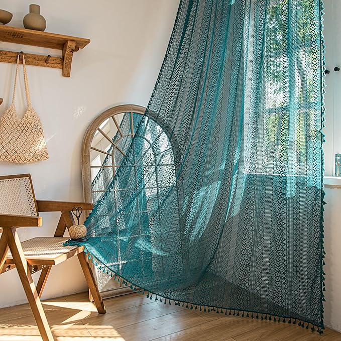 Sutuo Home Boho Curtains 72 inches Long for Bedroom Living Room, Crochet Lace Sheer Bohemian Hollow Knitted with Tassels, Rod Pocket Window Treatment Drapes, 1 Panel 59" W x 72" L, Turquoise