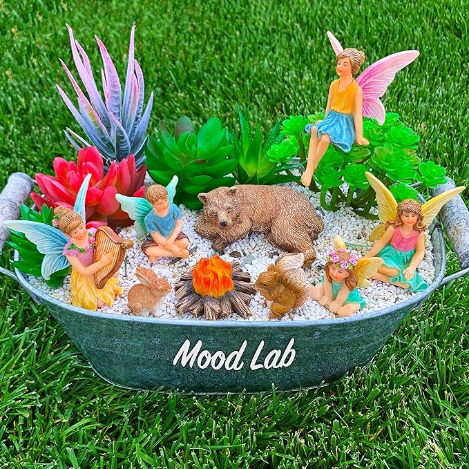 Mood Lab Fairy Garden - Miniature Fairies Figurines Accessories - Camping Kit of 9 pcs - Set for Outdoor or House Decor