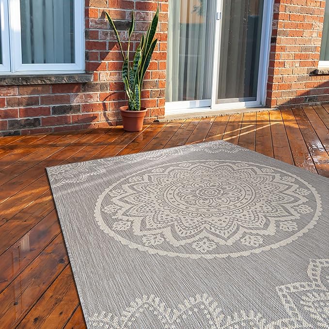 CAMILSON Outdoor Rug 6x9 Modern Area Rugs for Indoor and Outdoor Patios and Porches - Waterproof, Washable, Non-Shedding, Easy-to-Clean Outside Carpet (6 x 9, Medallion - Grey/White)