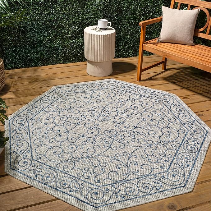 JONATHAN Y Vintage Filigree Indoor Outdoor Octagon Area Rug 5 Ft Gray/Navy, Charleston Textured Weave for Backyard, Patio, Porch, Easy-Cleaning, High Traffic, Pet-Friendly, Non-Shedding SMB106C-5TGN