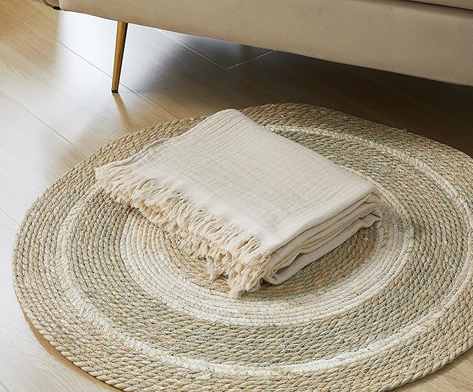 100% Cotton Muslin Throw Blanket for Bed, Couch, Small, Decorative, Soft, Pre-Washed, Breathable and Lightweight Gauze Blanket with Tassels, Suitable for All Seasons, Beige, 50"x60"