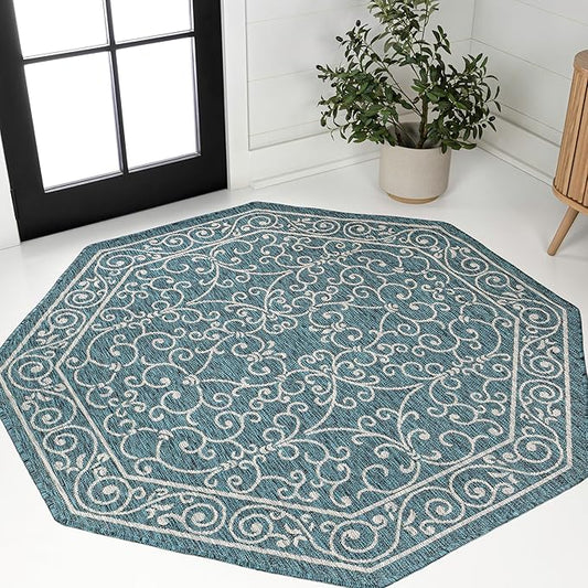 JONATHAN Y Vintage Filigree Indoor Outdoor Octagon Area Rug 8 Ft Teal/Gray, Charleston Textured Weave for Backyard, Patio, Porch, Easy-Cleaning, High Traffic, Pet-Friendly, Non-Shedding SMB106F-8TGN