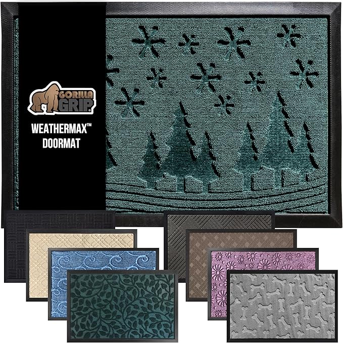 GORILLA GRIP 100% Waterproof All-Season WeatherMax Doormat 35x23, US Designed Natural Rubber, Stain and Fade Resistant, Low Profile Indoor Outdoor Door Mats, Easy Clean Patio Mat, Green Snowscape
