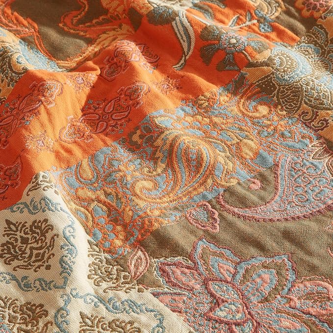 Boho Throw Blanket for Bed 90”x98”, 100% Cotton Woven Blanket for Couch Sofa, Ultra Soft 4-Layer Muslin Quilt with Patchwork Floral Printed, Farmhouse Bed Blanket/Cover for Living Room Decor