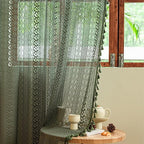 Sutuo Home Olive Green Boho Curtains 84 inches Long for Bedroom Living Room, Crochet Lace Sheer Bohemian Hollow Geometry Knitted Handmade Tassels, Privacy Vintage Farmhouse, 1 Panel 59" W x 84" L