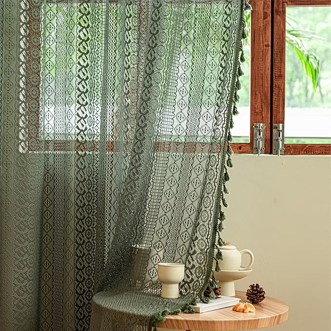 Sutuo Home Olive Green Boho Curtains 96 inches Long for Living Room Bedroom,Crochet Lace Sheer Bohemian Hollow Knitted Handmade Tassels, Vintage Farmhouse Xmas Decor, 1 Panel 59" W x 96" L