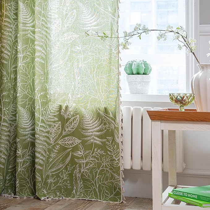 Sutuo Home Boho Curtain 84 Inches Length for Bedroom, Printed Cotton Linen Rod Pocket Rustic Farmhouse Bohemian Tassels Window Treatment, 1 Panel 59" W x 84" L, Green Tropical Leaves