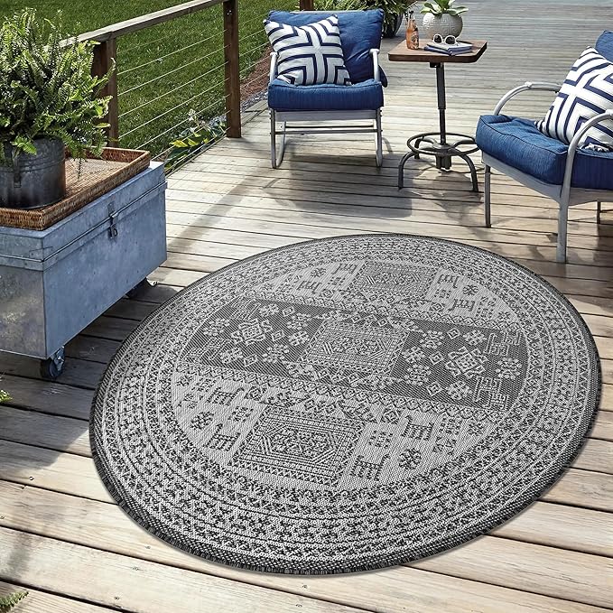 Keen Home Design Terrace Outdoor Round Rug - 5ft Round Washable Indoor/Outdoor Rug for Patio, Kitchen, Balcony, Beach, Garden, Deck and Porch, Size: 5'3" Round