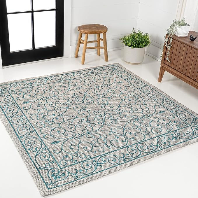 JONATHAN Y Vintage Filigree Indoor Outdoor Square Area Rug 8X8 Gray/Teal, Charleston Textured Weave for Backyard, Patio, Porch, Easy-Cleaning, High Traffic, Pet-Friendly, Non-Shedding (SMB106E-8SQ)