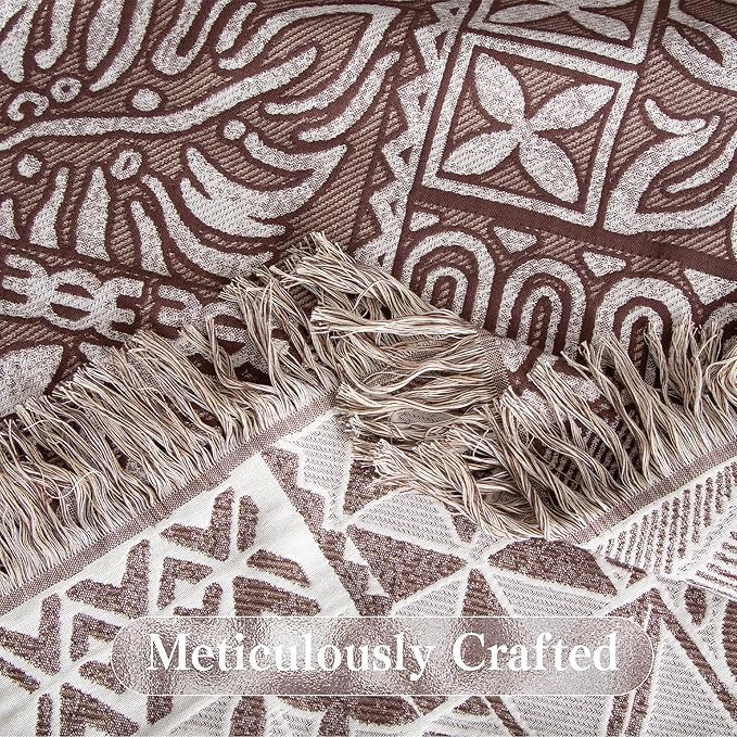 Boho Throw Blanket Twin Size, Soft Cozy Cotton Muslin Quilt Blanket for Bed Decor, Patchwork Block Couch Sofa Chair Cover, Vintage Farmhouse Cottage Tapestry Woven Blanket, Brown&White