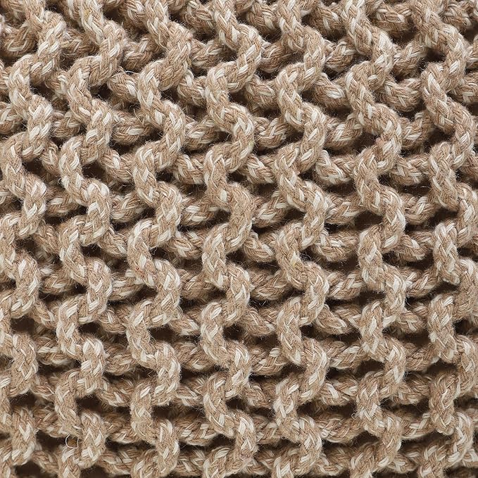 REDEARTH Round Pouf Ottoman - Hand Knitted Cable Boho Poof Home Décor Pouffe Circular Footrest for Living Room - Nursery - Bedroom - Lounge 100% Cotton (18”x18”x14”) - Beige Ivory