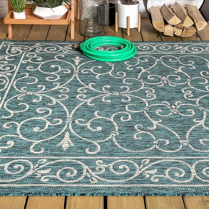 JONATHAN Y Vintage Filigree Indoor Outdoor Area Rug 4X6 Teal/Gray, Charleston Textured Weave for Backyard, Patio, Porch, Easy-Cleaning, High Traffic, Pet-Friendly, Non-Shedding (SMB106F-4)