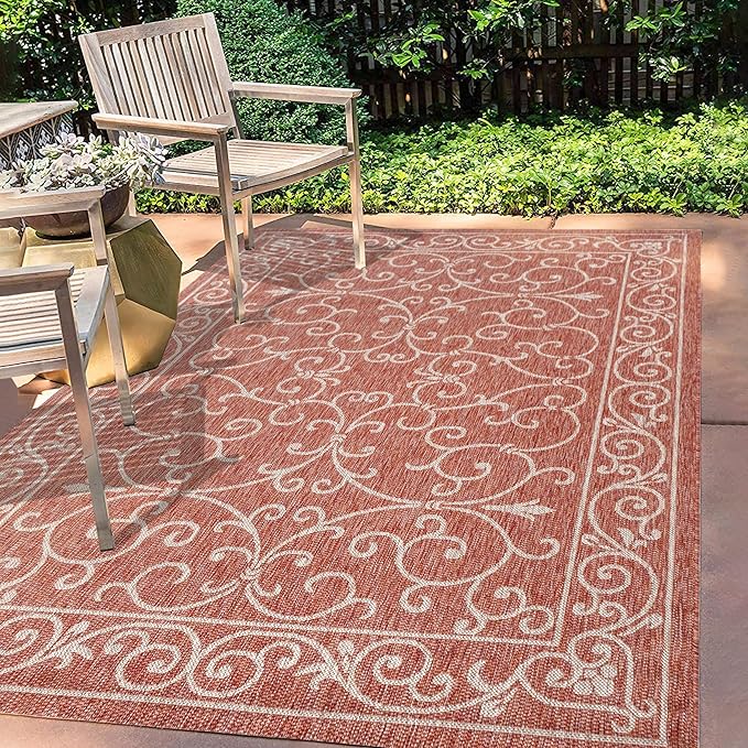 JONATHAN Y Vintage Filigree Indoor Outdoor Area Rug 6X9 Red/Beige, Charleston Textured Weave for Backyard, Patio, Porch, Easy-Cleaning, High Traffic, Pet-Friendly, Non-Shedding (SMB106B-6)