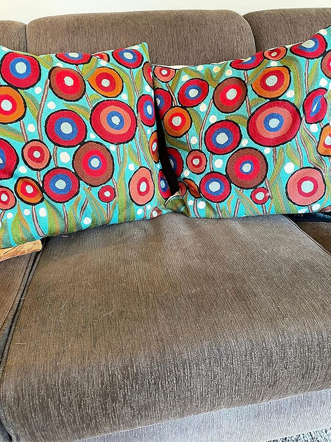 Floral Poppy Pillow Cover - Turquoise Suzani Poppies Accent Chair Cushion - 18x18 Inch Hand Embroidered Wool