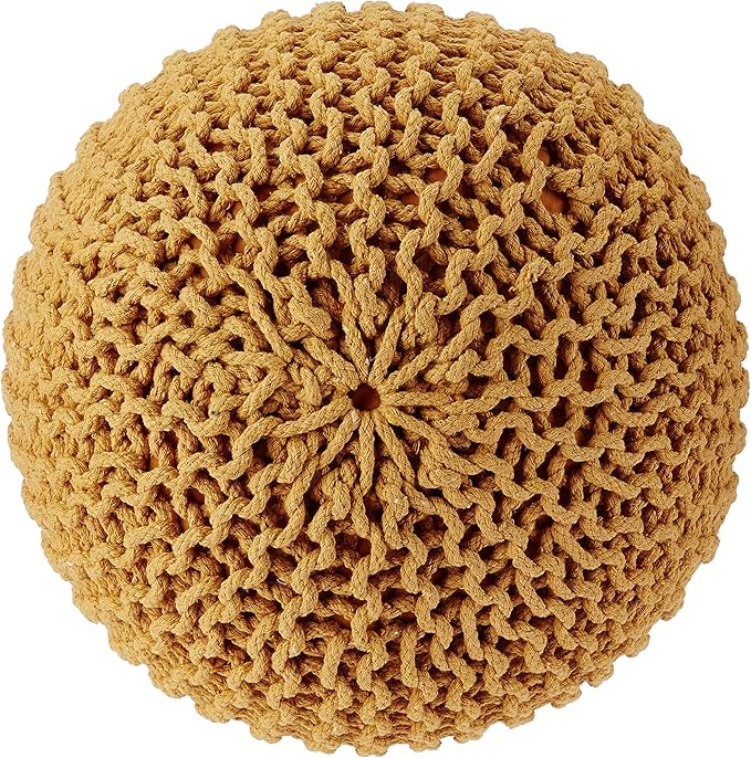 REDEARTH · Round Pouf Ottoman - Hand Knitted Cable Boho Poof Home Décor Pouffe Circular Footrest for Living Room - Bedroom - Lounge - Nursery - 100% Cotton Poufs (19.5"x19.5"x14") - Mustard