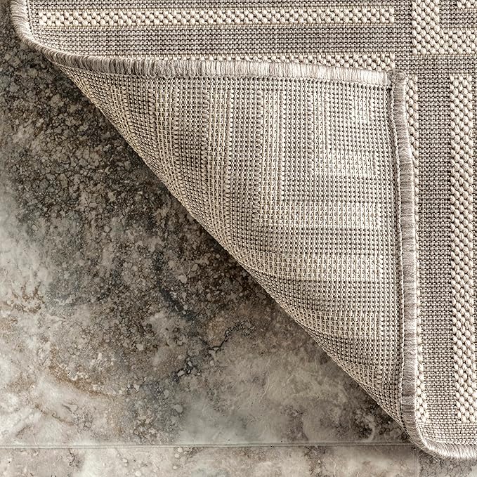 nuLOOM 4' x 6' Outdoor Area Rug, Casual Design with Striped Border, Stain Resistant, Highly Durable, for Patio, Balcony, Bedroom, Living Room, Dining Room, Bathroom, Light Grey