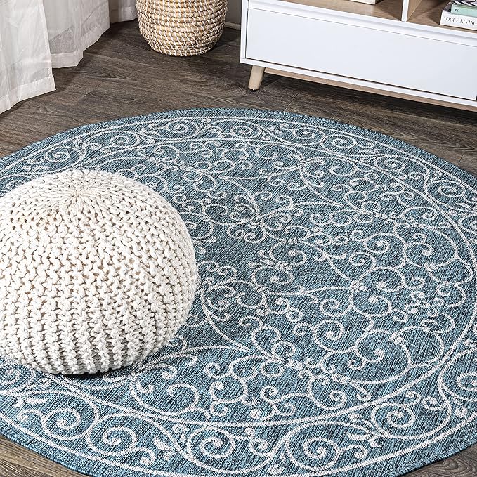 JONATHAN Y Vintage Filigree Indoor Outdoor Round Area Rug 8 Ft Teal/Gray, Charleston Textured Weave for Backyard, Patio, Porch, Easy-Cleaning, High Traffic, Pet-Friendly, Non-Shedding (SMB106F-8R)