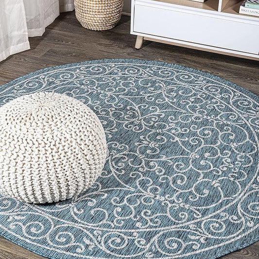 JONATHAN Y Vintage Filigree Indoor Outdoor Round Area Rug 6 Ft Teal/Gray, Charleston Textured Weave for Backyard, Patio, Porch, Easy-Cleaning, High Traffic, Pet-Friendly, Non-Shedding (SMB106F-6R)