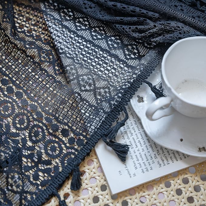 Sutuo Home Black Crochet Boho Curtain 63 Inches Length, Sheer Lace Handmade Tassels Knitted Window Treatment Vintage Rustic Bohemian Farmhouse Drape for Bedroom Rod Pocket 1 Panel 59" W x 63" L