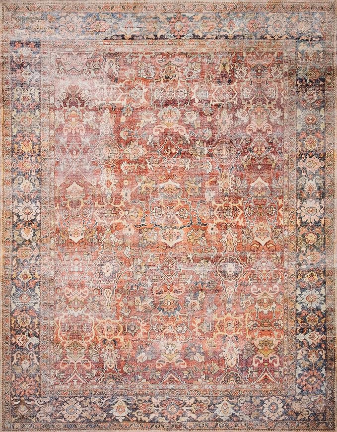 Loloi Layla Collection LAY-02 Spice/Marine 2'-6" x 7'-6" .13" Thick Runner Rug, Soft, Durable, Vintage Inspired, Distressed, Low Pile, Non-Shedding, Easy Clean, Printed, Living Room Rug