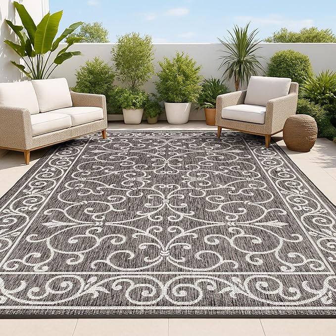 JONATHAN Y Vintage Filigree Indoor Outdoor Area Rug 6X9 Black/Gray, Charleston Textured Weave for Backyard, Patio, Porch, Easy-Cleaning, High Traffic, Pet-Friendly, Non-Shedding (SMB106G-6)