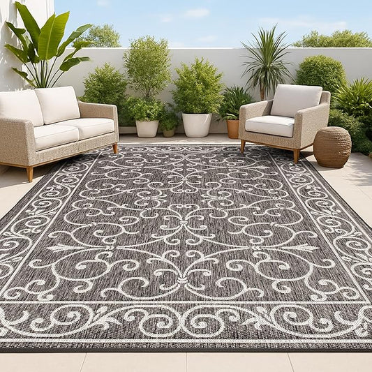 JONATHAN Y Vintage Filigree Indoor Outdoor Area Rug 6X9 Black/Gray, Charleston Textured Weave for Backyard, Patio, Porch, Easy-Cleaning, High Traffic, Pet-Friendly, Non-Shedding (SMB106G-6)