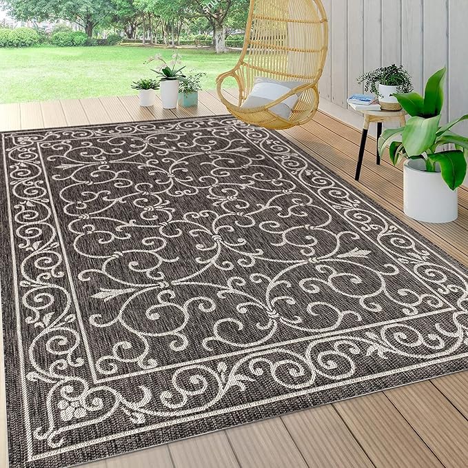 JONATHAN Y Vintage Filigree Indoor Outdoor Area Rug 8X10 Black/Gray, Charleston Textured Weave for Backyard, Patio, Porch, Easy-Cleaning, High Traffic, Pet-Friendly, Non-Shedding (SMB106G-8)